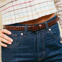 Cienki Pasek Bez Klamry, Brazowy Wzor Krokodyla