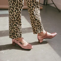 Dora Czółenka Na Niskim Obcasie, Pudrowy Brokat