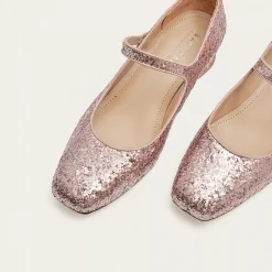 Dora Czółenka Na Niskim Obcasie, Pudrowy Brokat