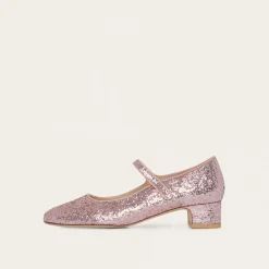 Dora Czółenka Na Niskim Obcasie, Pudrowy Brokat