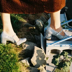 Dora Czółenka Na Wysokim Obcasie, Srebrny Brokat